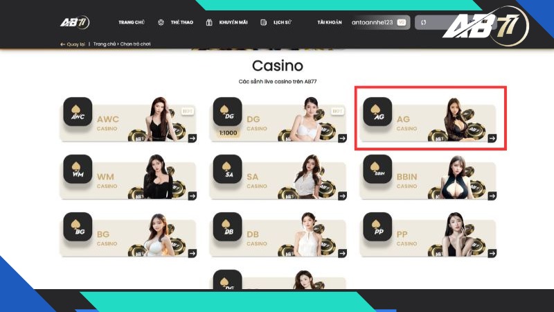 Chọn danh mục Casino để truy cập sảnh AG