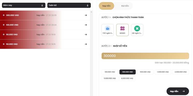 Nạp tiền bằng ví điện tử Momo Pay